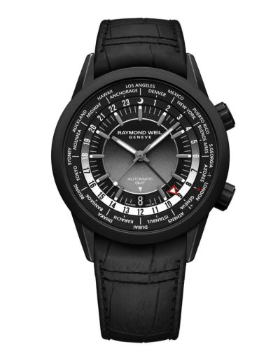 RAYMOND WEIL ブラックレザー時計 Men's Black Dial Chronograph Leather Strap - Freelancer